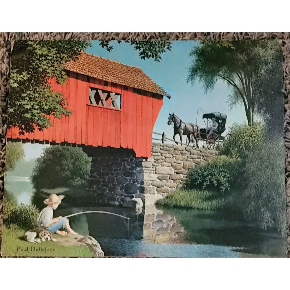 Paul Detlefsen Art Print Paper Unframed Landscape Boy Fishing Covered Bridge